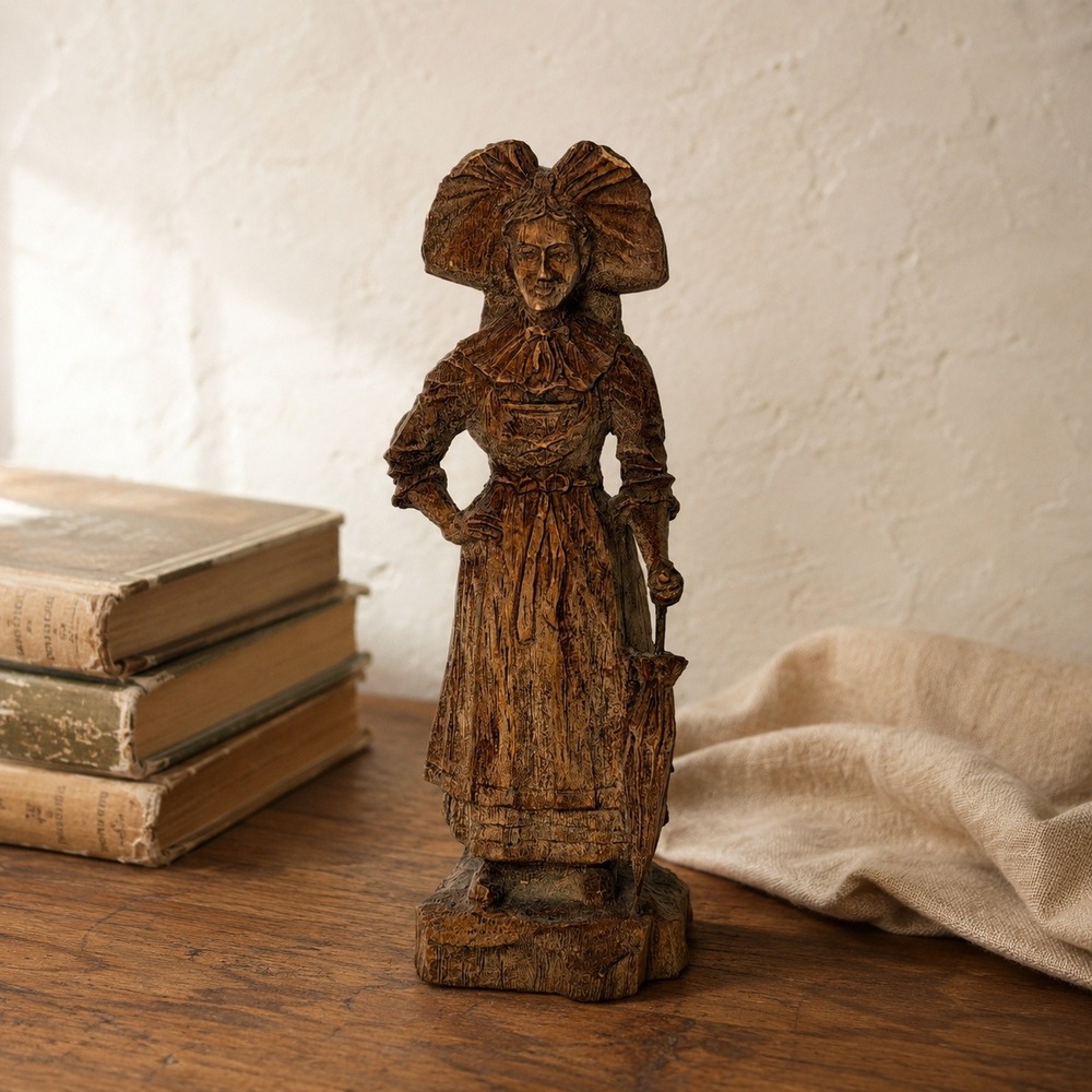 Vintage Hand Carved Wood Breton Woman Figurine Brittany France Folk Art 7.5"